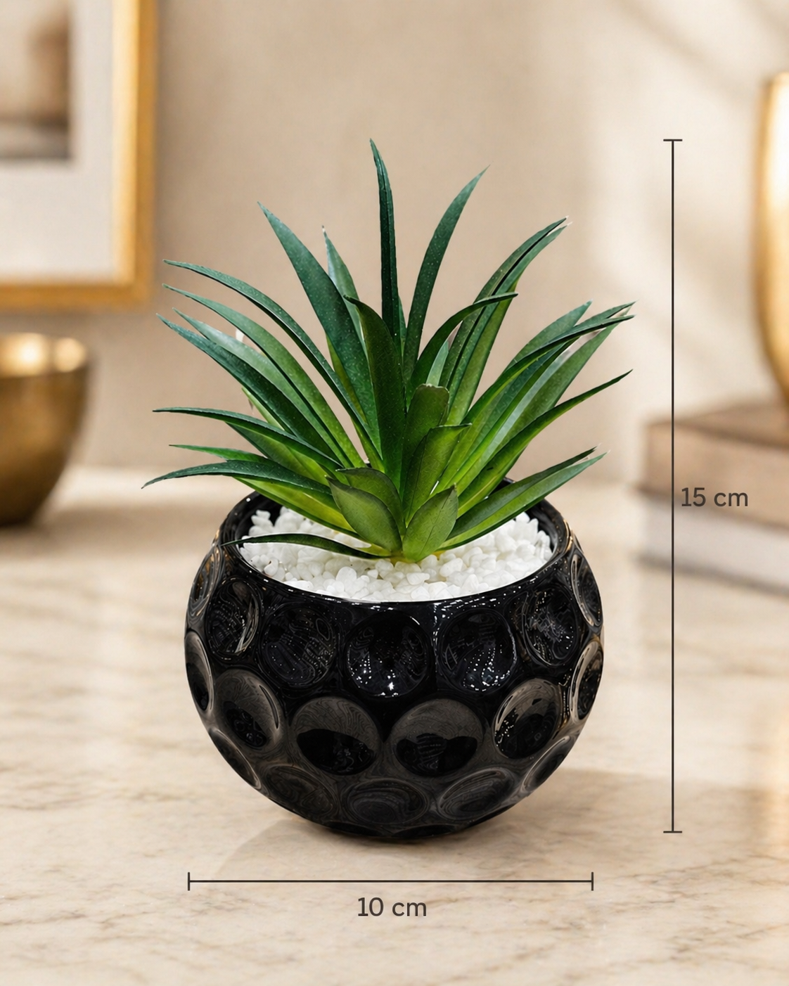 Black Dimple Ball Succulent Pot with Artificial Plant