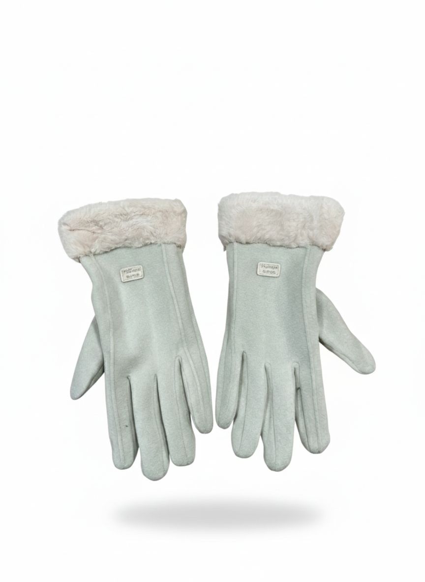 Green Winter Gloves with Plush Faux-Fur Trim