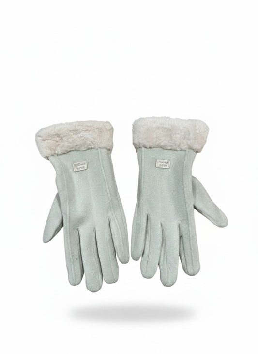 Green Winter Gloves with Plush Faux-Fur Trim