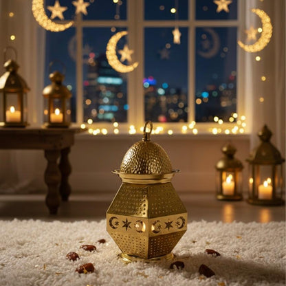 Celestial Glow: Perforated Brass-Tone Lantern