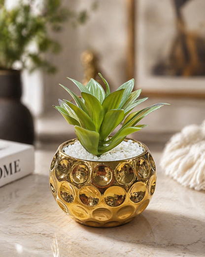 Gold Dimple Ball Succulent Pot with Artificial Plant