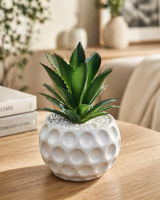 White Dimple Ball Succulent Pot with Artificial Plant