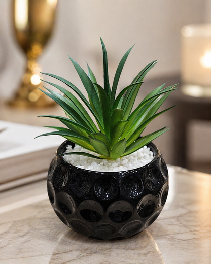 Black Dimple Ball Succulent Pot with Artificial Plant