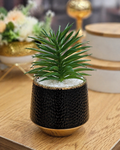 Black & Gold Hammered Succulent Pot with Artificial Plant