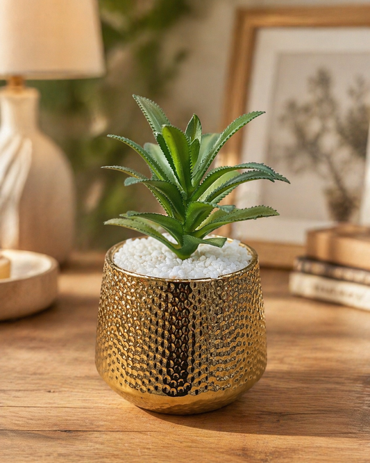 Gold Hammered Succulent Pot with Artificial Plant