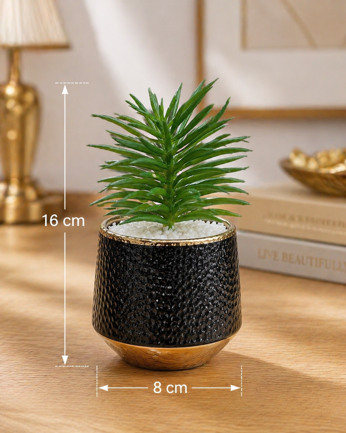 Black & Gold Hammered Succulent Pot with Artificial Plant