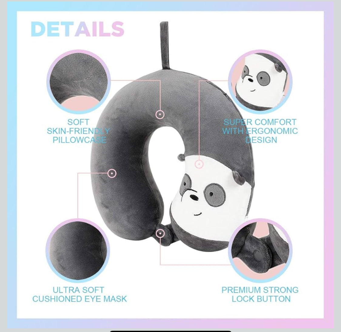 Travel Neck Panda Pillow with, We Bare Bears Memory Foam Neck Cartoon Pillow Gift for Travelling, Sleeping, Airplane, Car, Home & Office Gray